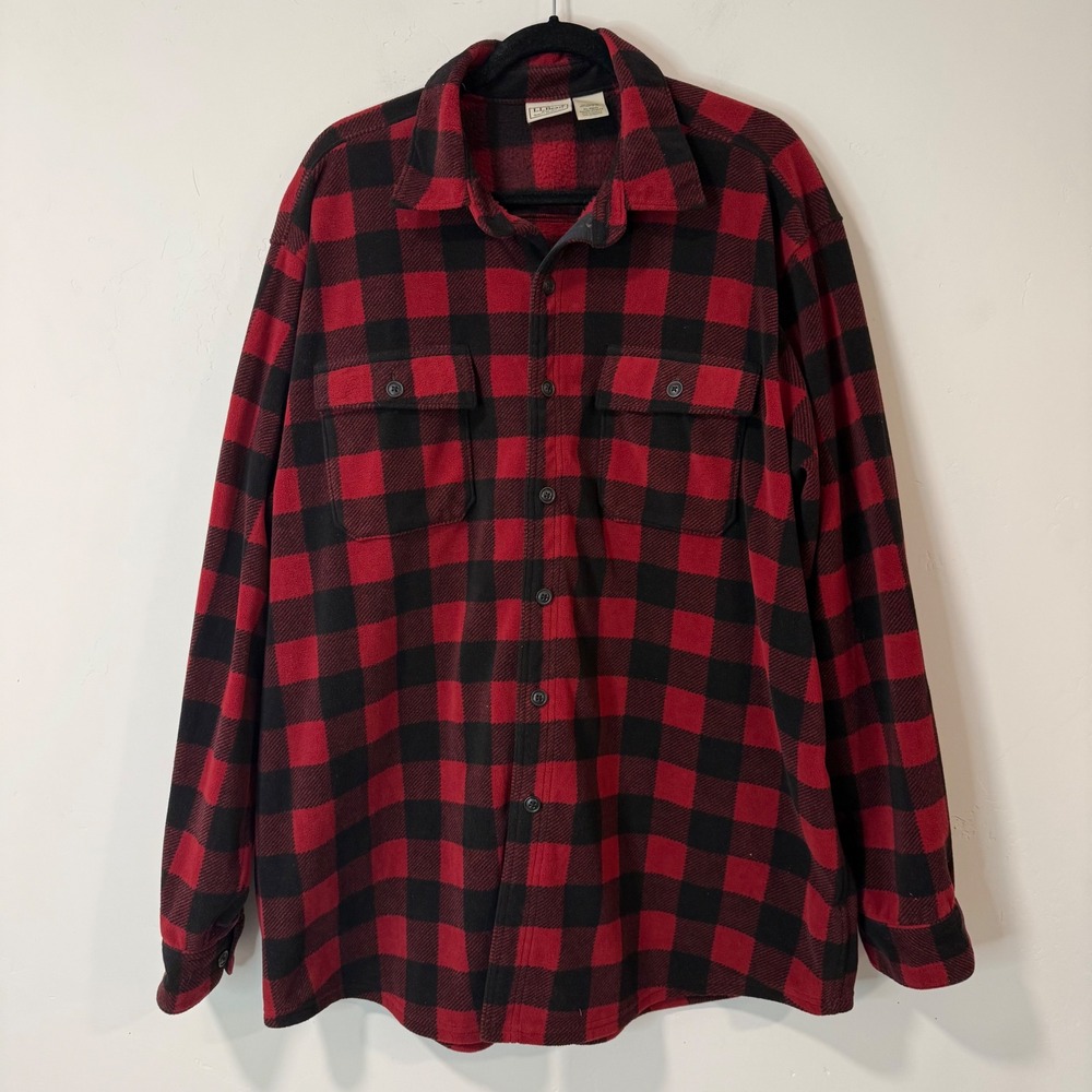 LL Bean Mens Fleece Shirt XL Red Buffalo Plaid Excellent Button Up Jacket 273074